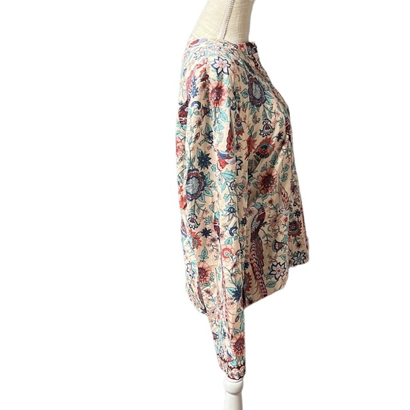 Kinikiss Long Sleeve Shirt Blouse Button Up Tan Pink Peacock Floral Womens XL - Picture 3 of 7